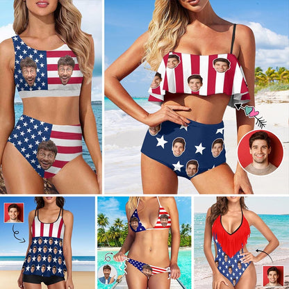 Custom American Flag Face One Piece Swimsuit Personalized Two Piece Bikini Tankini Beach Pool Outfit