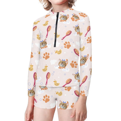 Custom Pet Face Long Sleeve Children  Swimsuit Personlized Two Piece Tankini