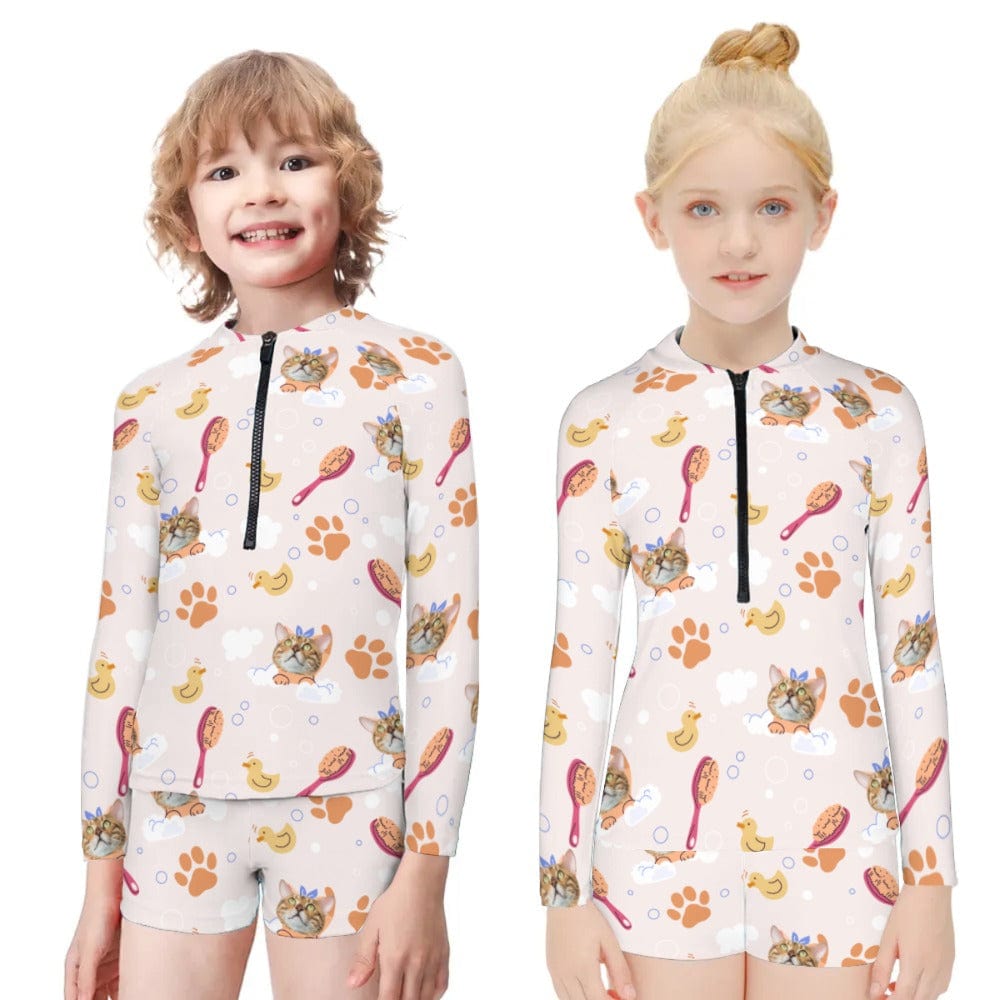 Custom Pet Face Long Sleeve Children  Swimsuit Personlized Two Piece Tankini