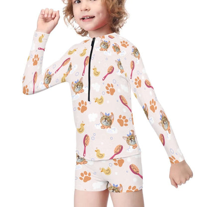 Custom Pet Face Long Sleeve Children  Swimsuit Personlized Two Piece Tankini