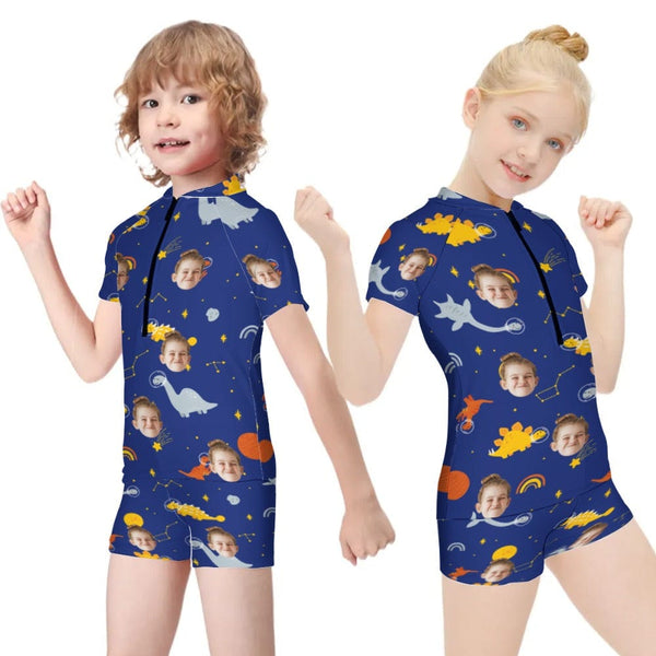 Custom Face Dinosaur Short Sleeve Two Piece Tankini Personalized Kid Swimsuit