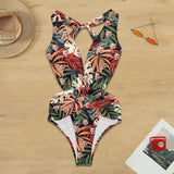 Custom Face Leaves Red&Green Women's Deep V-Neck Low Back Crossover One Piece Swimsuit  Personalized Woman Swimsuit