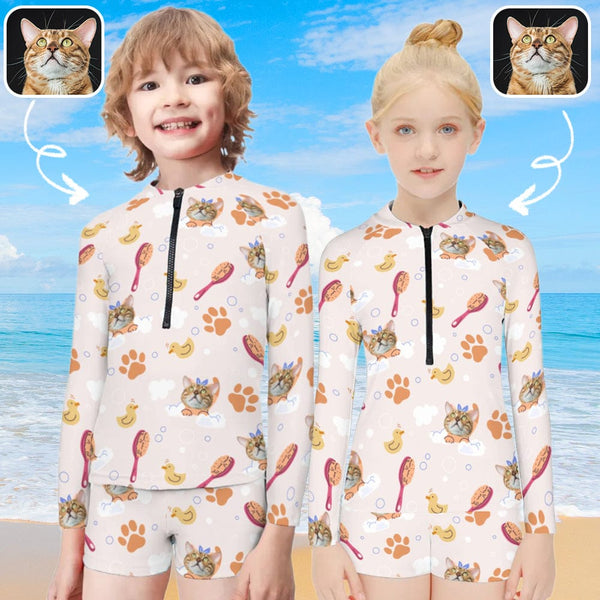 Custom Pet Face Long Sleeve Children  Swimsuit Personlized Two Piece Tankini