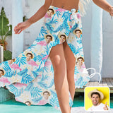 Custom Face Flamingo Blue Women's Knotted Long Cover up Personalized Sarongs Beach Wrap