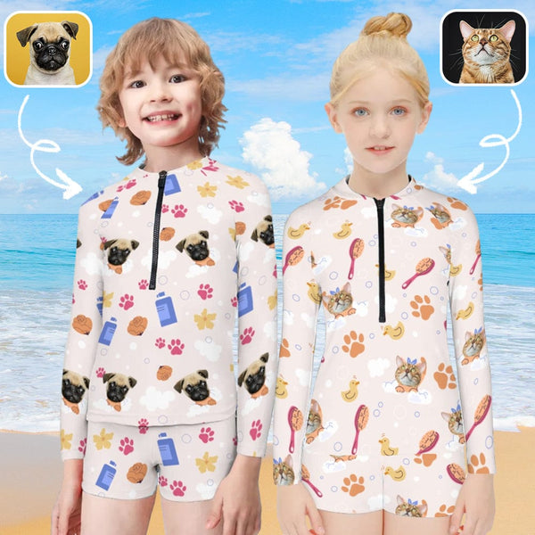 Custom Pet Face Paws Long Sleeve Children  Swimsuit Personlized Two Piece Tankini