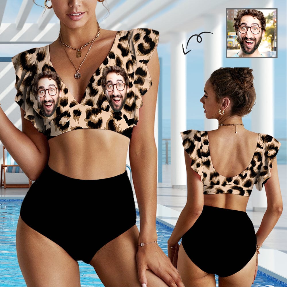 [Up to 5XL] Custom Face Leopard Ruffle Sleeve Bikini Swimsuit Personalized Bathing Suit