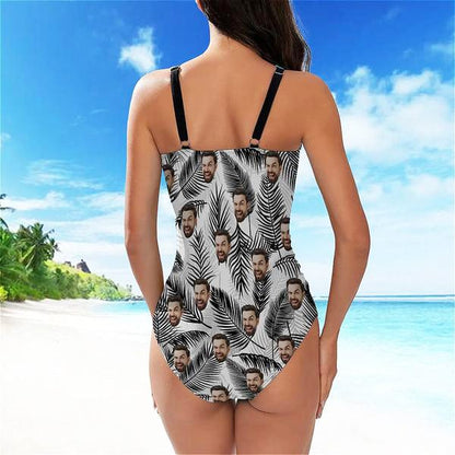 Custom Face Cross Collar One Piece Swimsuit Personalized Women&