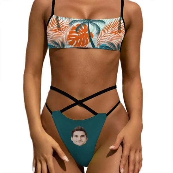 Custom Face Tropical Leaves Green Waist Bond Triangle Bikini Peronalized Two Piece Swimsuit