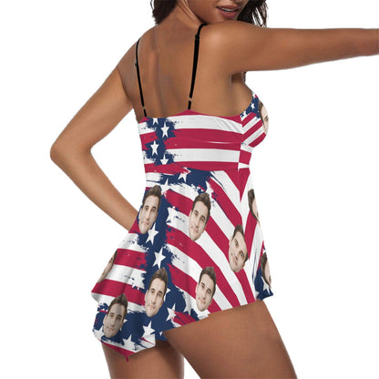 [New Arrivals] 4th of July Custom Face  USA Flag Swimsuit USA Flag Bathing Suit with Husband Face