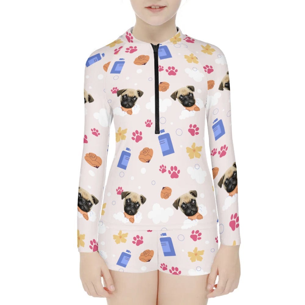 Custom Pet Face Paws Long Sleeve Children  Swimsuit Personlized Two Piece Tankini