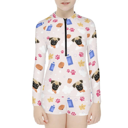 Custom Pet Face Paws Long Sleeve Children  Swimsuit Personlized Two Piece Tankini