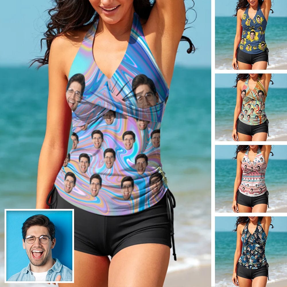 Custom Face Colorful Tankini Personalized Two Pieces Women Swimsuit