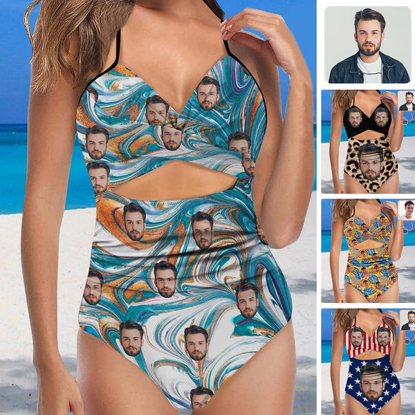 Custom Face Backless Swimsuit Personalized Face Blue Paint Smear Pattern Women's Front Cutout One Piece Swimsuit