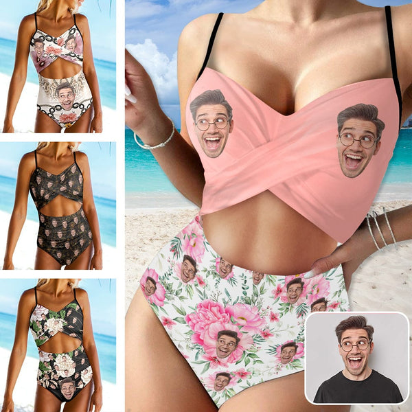 Custom Face Backless Swimsuit Personalized Face Pink Flowers Women's Front Cutout One Piece Swimsuit
