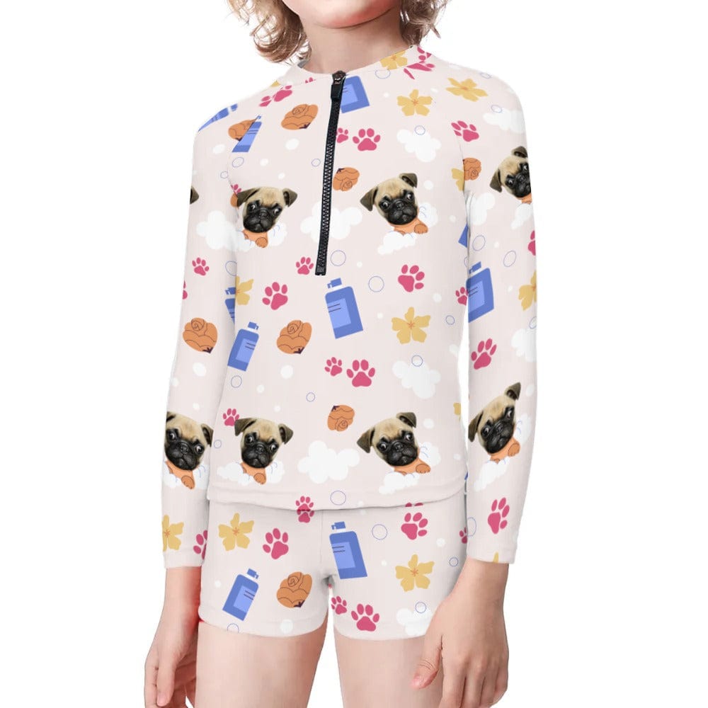 Custom Pet Face Paws Long Sleeve Children  Swimsuit Personlized Two Piece Tankini