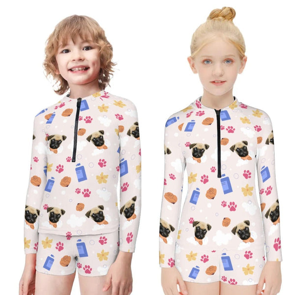 Custom Pet Face Paws Long Sleeve Children  Swimsuit Personlized Two Piece Tankini