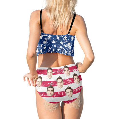 [New Arrivals] 4th of July Custom Face  USA Flag Swimsuit USA Flag Bathing Suit with Husband Face