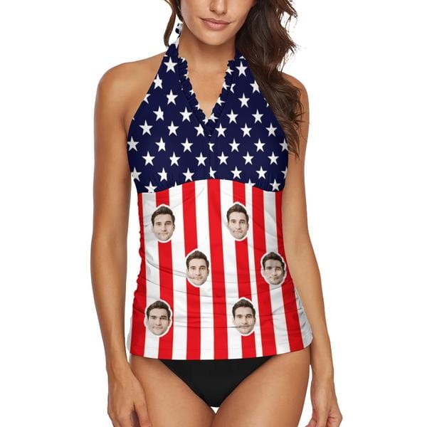 Custom Face USA Flag Lace Halter Neck Two Piece Bikini Personalized Women Swimsuit