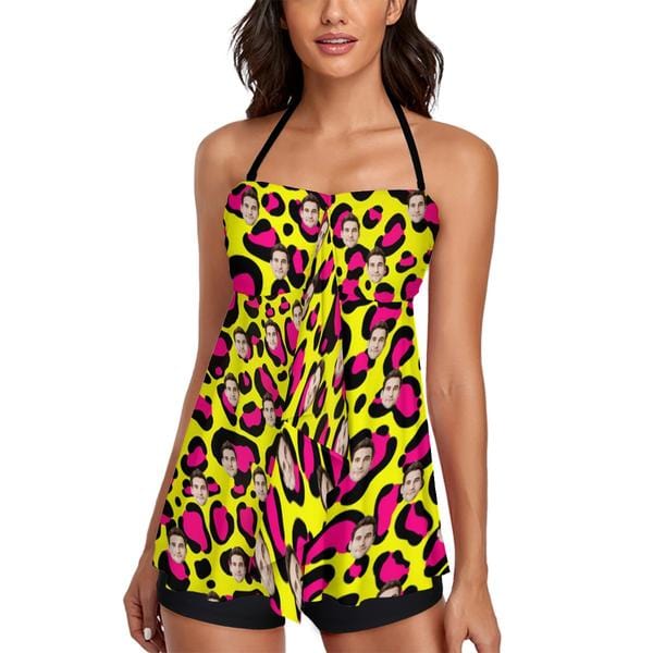 Custom Face Yellow&amp;Red Leopard Neck Sling Tankini Personalized Split Swimsuit