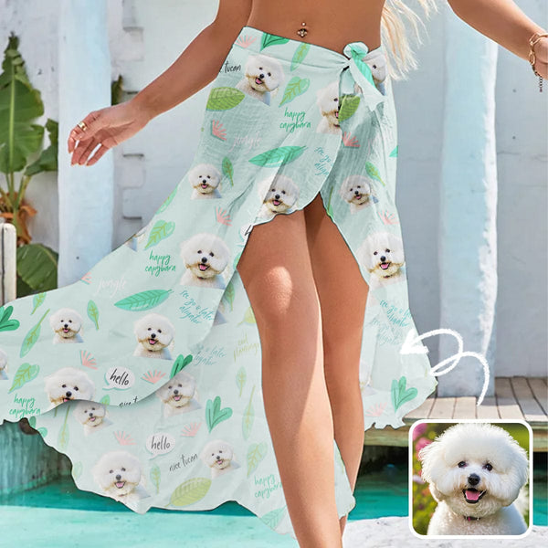 Custom Pet Face Leaves Women's Knotted Long Cover up Personalized Sarongs Beach Wrap