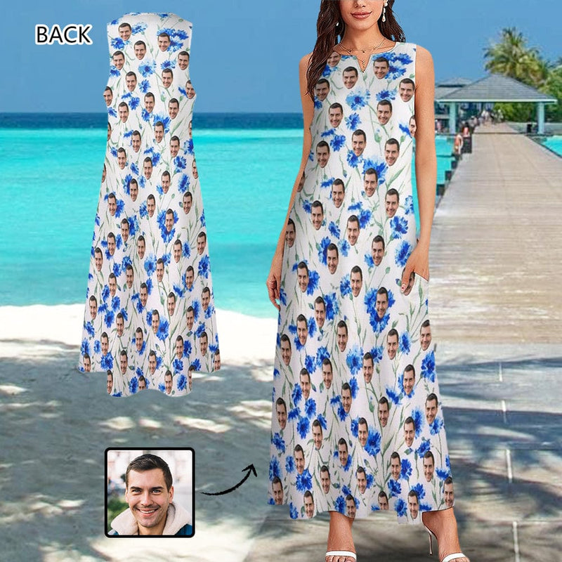 Custom Face Blue Flowers Sleeveless Summer Dress with Pocket Personalized Women's Long Dress