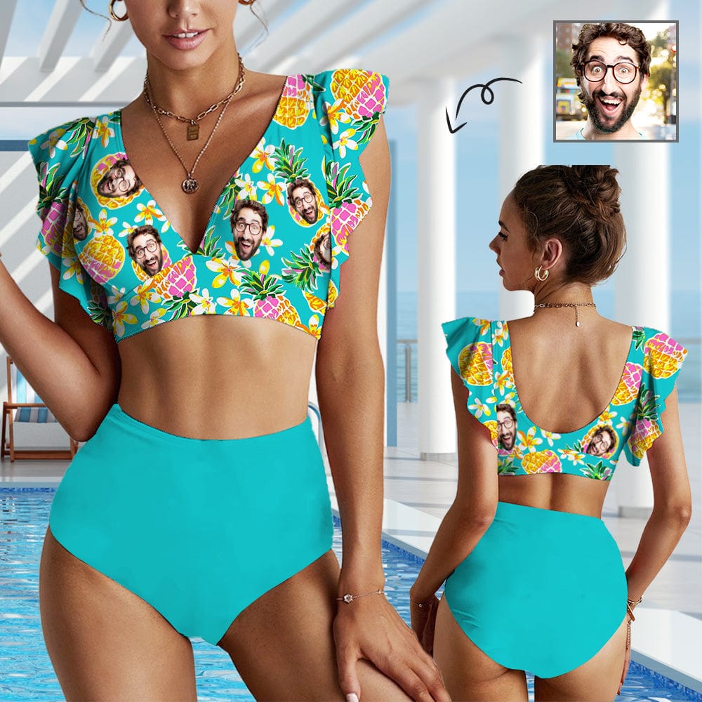 [Up to 5XL] Custom Face Pineapple Ruffle Sleeve Bikini Swimsuit Personalized Bathing Suit