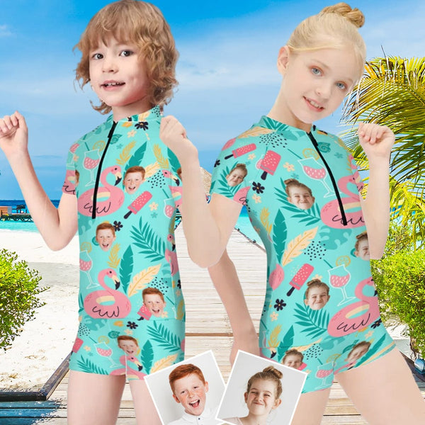 Custom Face Swim  Elements Short Sleeve Two Piece Tankini Personalized Kid Swimsuit