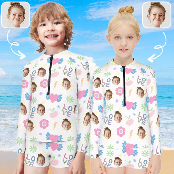 Custom Face Love Long Sleeve Children  Swimsuit Personlized Two Piece Tankini