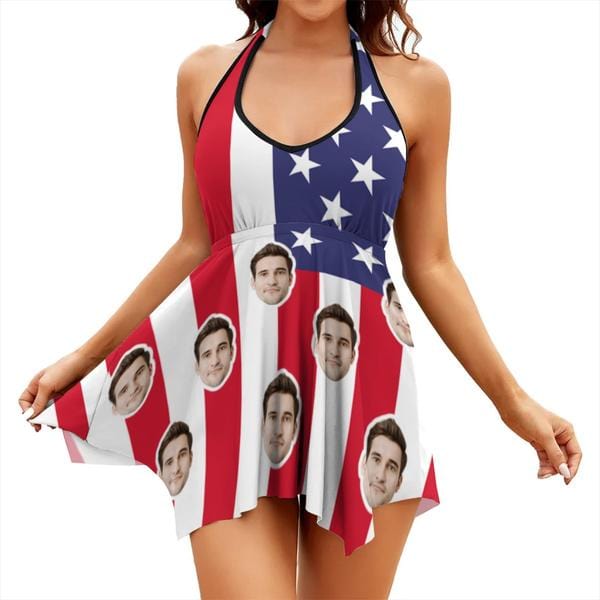 Custom Face USA Flag Midi Backless Swimming Dresses Personalized Two Piece Tankini with Built in Shorts