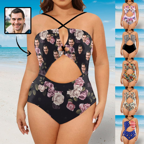 Custom Face Women's Cross Cutout One Piece Swimsuit Personalized Bathing Suit With Face