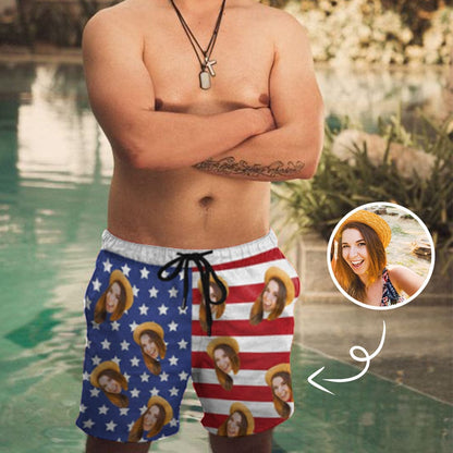 [Special Offer] Personalized Swim Trunks Custom Swimming Shorts Custom Face Stars Stripes Men&