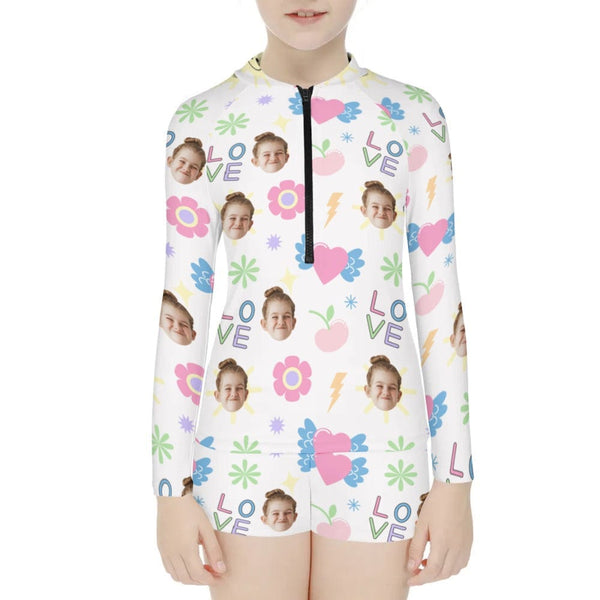 Custom Face Love Long Sleeve Children  Swimsuit Personlized Two Piece Tankini
