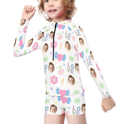 Custom Face Love Long Sleeve Children  Swimsuit Personlized Two Piece Tankini