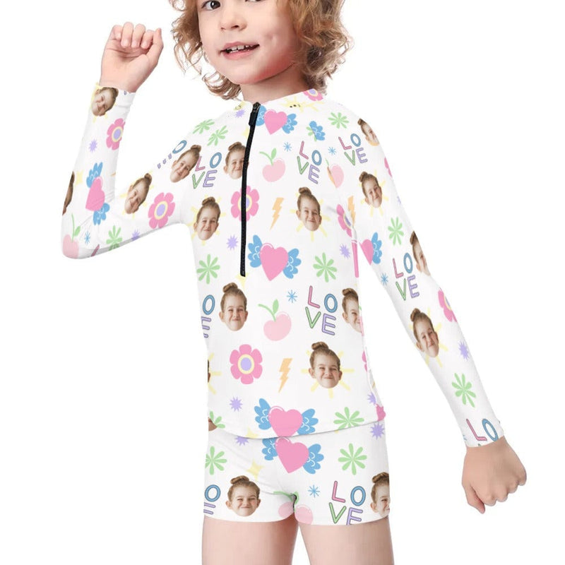 Custom Face Love Long Sleeve Children  Swimsuit Personlized Two Piece Tankini