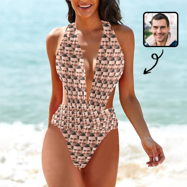 Custom Face Seamless Women's Deep V-Neck Low Back Crossover One Piece Swimsuit  Personalized Woman Swimsuit