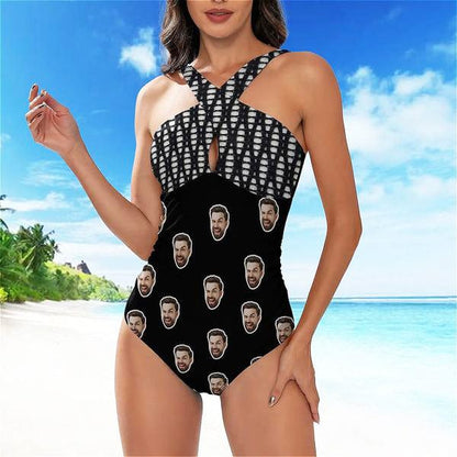 Custom Face Cross Collar One Piece Swimsuit Personalized Women&