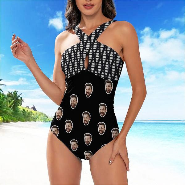 Custom Face Cross Collar One Piece Swimsuit Personalized Women's Backless Swimsuit Bathing Suit