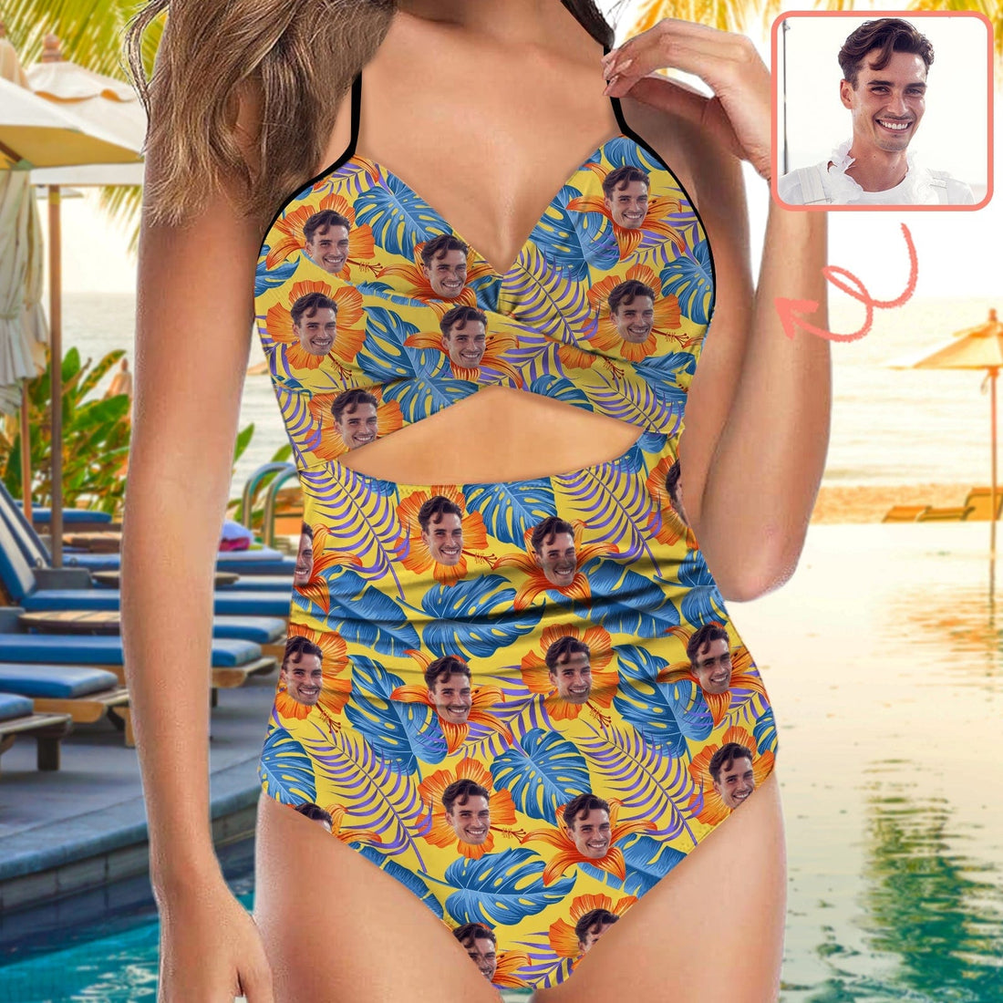 Custom Face Backless Swimsuit Personalized Face Yellow Flowers Blue Leaves Women&