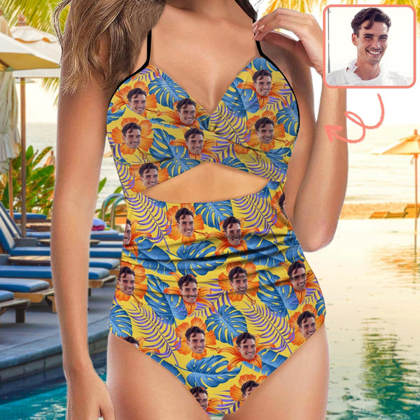 Custom Face Backless Swimsuit Personalized Face Yellow Flowers Blue Leaves Women's Front Cutout One Piece Swimsuit
