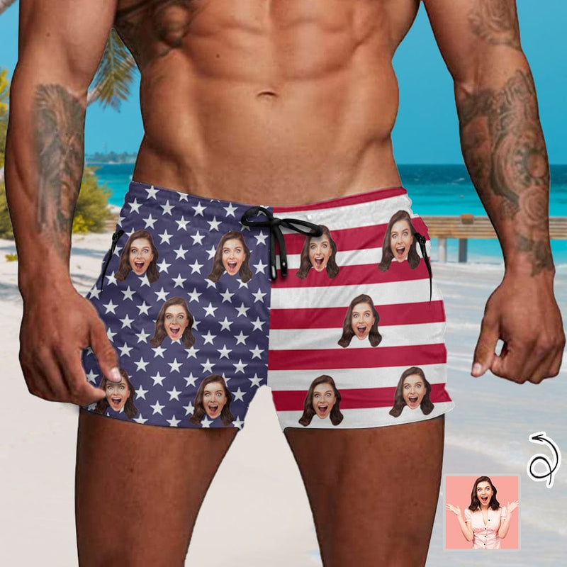 Custom Face American Flag Men's Quick Dry Shorts Personalized Swim Trunks with Side Zipper Pocket Surfing Square Leg Board Shorts