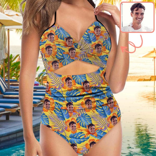 Custom Face Backless Swimsuit Personalized Face Blue Paint Smear Pattern Women&