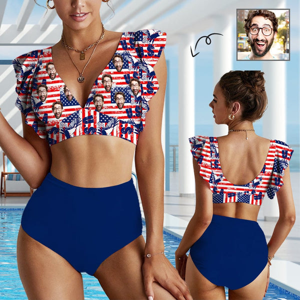 [Up to 5XL] Custom Face American Flag Ruffle Sleeve Bikini Swimsuit Personalized Bathing Suit