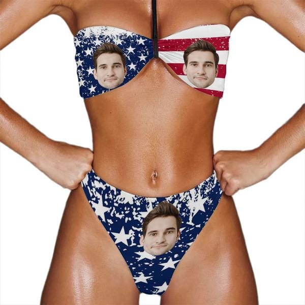 Custom Face USA Flag Triangle Halterneck Bikini Personalized Two Piece Swimsuit