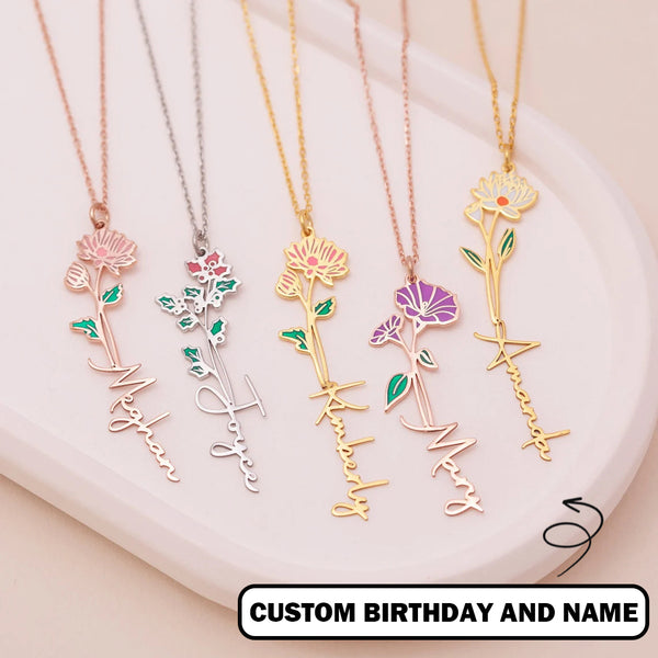 Custom Birthday Flower Name Necklace Personalized Pendant Necklace Birthday Gift
