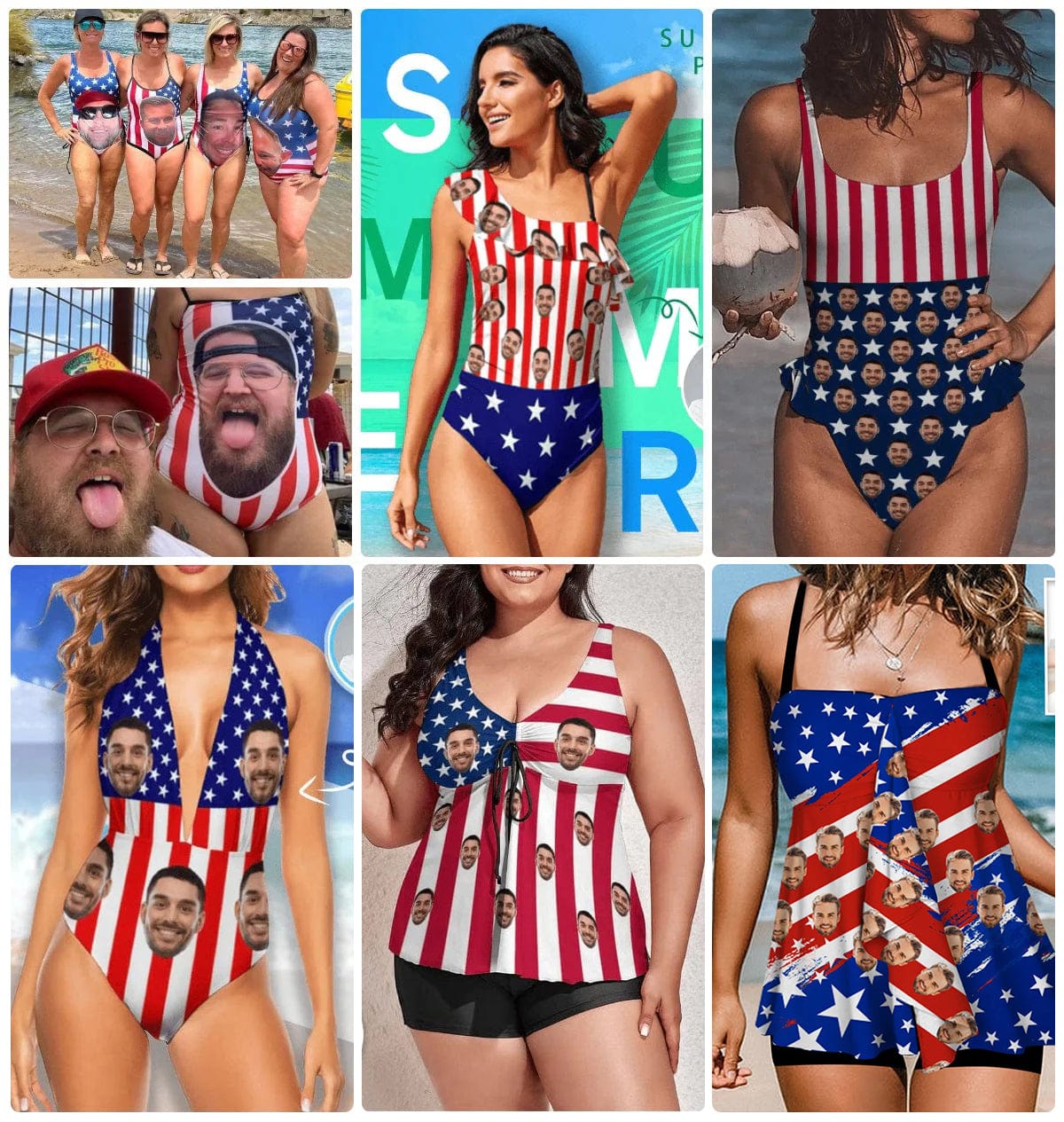 Custom Face American Flag Swimsuit Personalized Women&