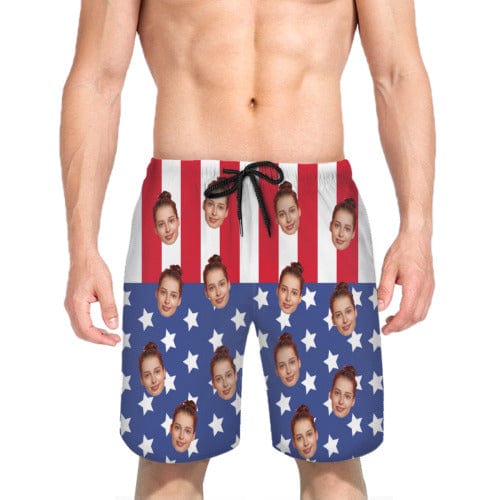 Custom American Flag Face Quick Dry Swim Trunks Personalized Gift for Him