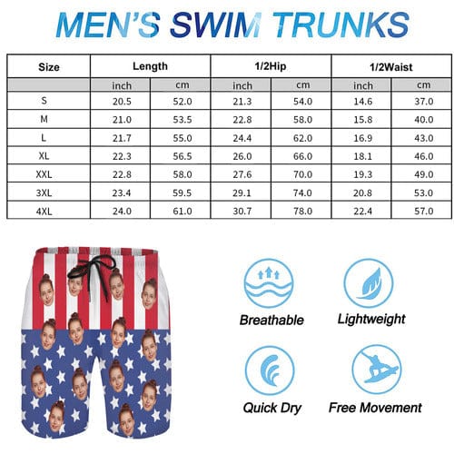 Custom American Flag Face Quick Dry Swim Trunks Personalized Gift for Him