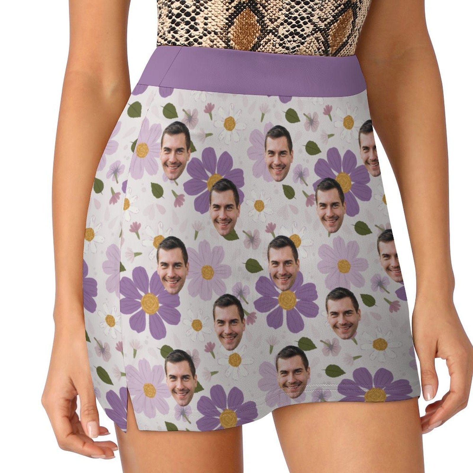 Custom Face Purple Flowers Separated Bikinis Top&amp;Bottom A Line Trouser Midi Skirt with Pockets for Womens