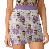 Custom Face Purple Flowers Separated Bikinis Top&Bottom A Line Trouser Midi Skirt with Pockets for Womens