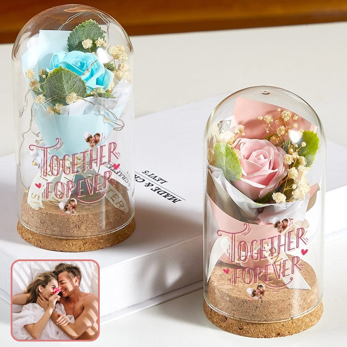 Custom Photo Together Forever Eternal Flowers Glass Cover Ornaments Valentine&